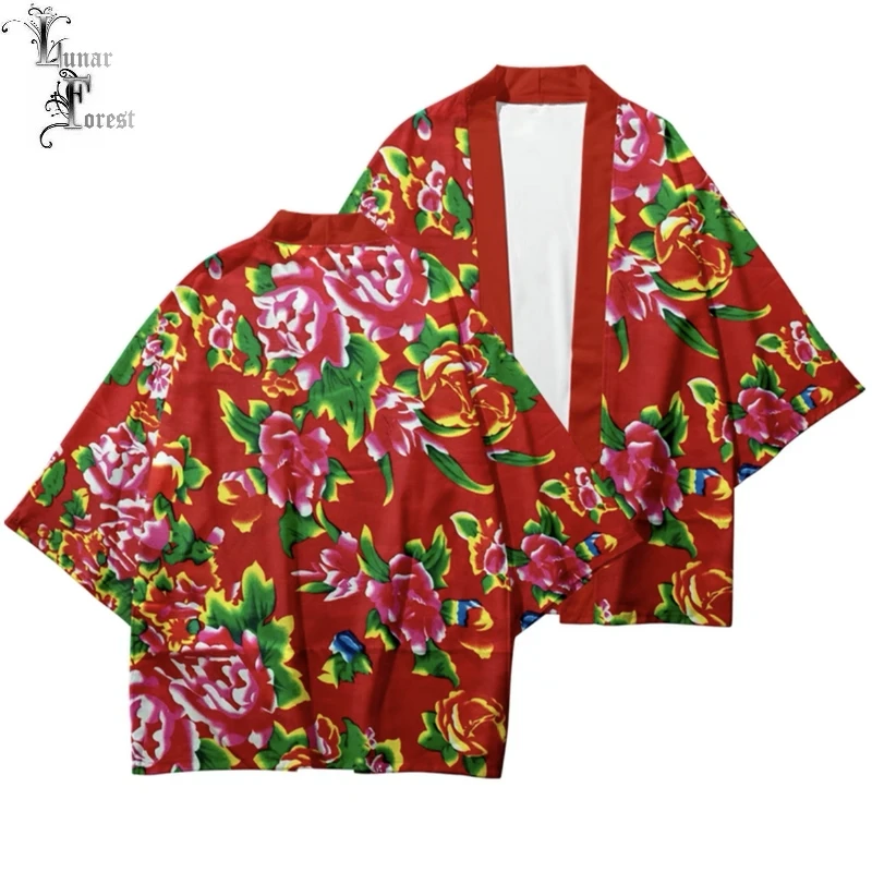 

Red and Blue Flowers Cardigan Japanese Kimono Haori Yukata Women/Men kimono Summer Shirt Short Sleeve Streetwear Loose