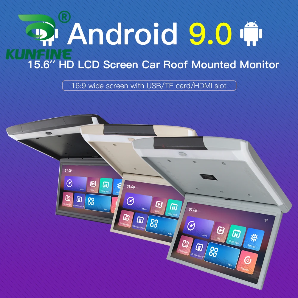 Pantalla digital de 15,6 pulgadas para montaje en techo de coche, Monitor LCD abatible hacia abajo, vídeo Multimedia aéreo, Android 9,0