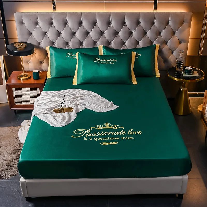 

3pc sheets satin silk bed simple color household mattress cover elastic band sheets Bed sheets (include 2 pillowcases)