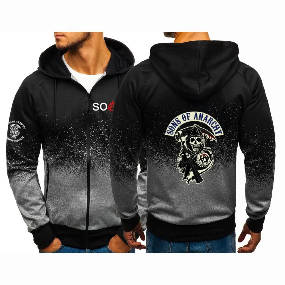 

New Men's Cotton SOA Tops Print Sons of Anarchy Hoodies Zipper jackets SAMCRO Male Hip Hop Sweatshirts Punk Gradient Color Coats