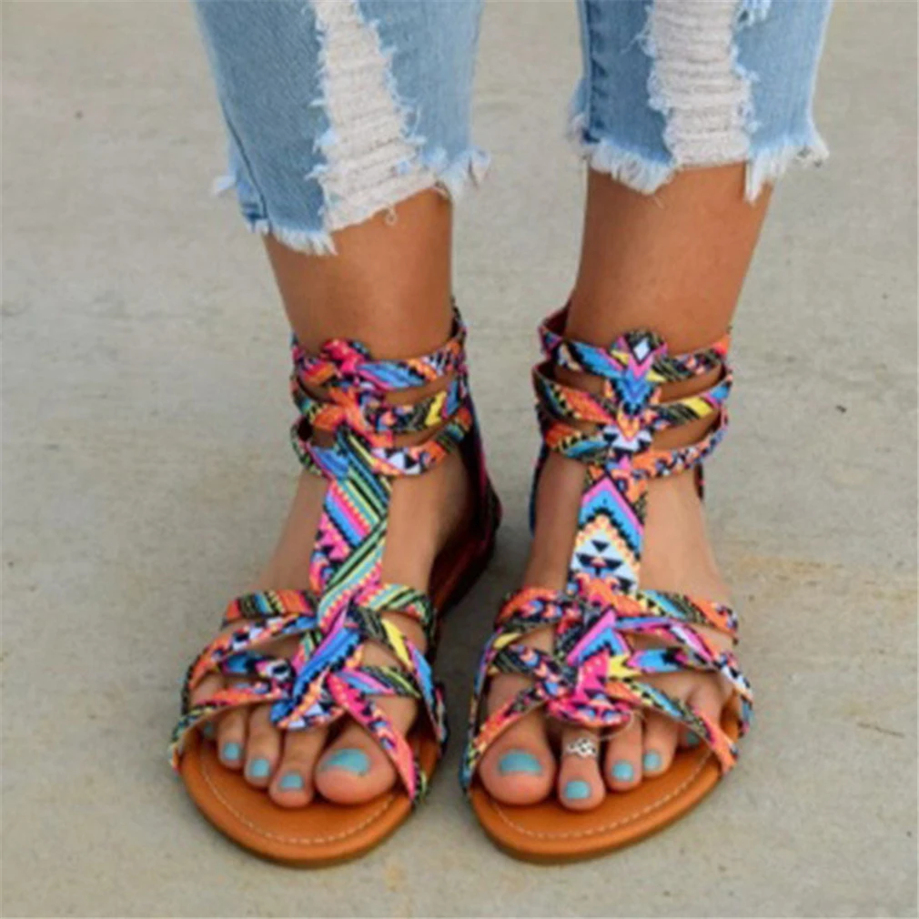 

Women Flat Shoes Weaving Bohemian Sandals Summer Gladiator Roman Sandal Flip Flops Sandalias Mujer Colorful Female Beach Shoes