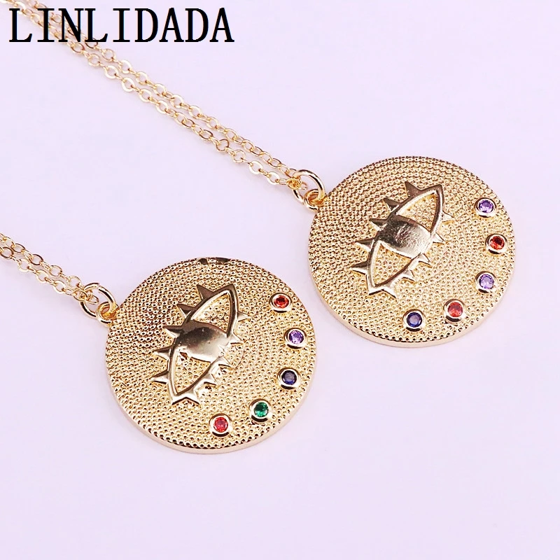 

8Pcs Golden Micro Paved Colorful CZ Jewelry Eye Charm Round Pendant Necklace