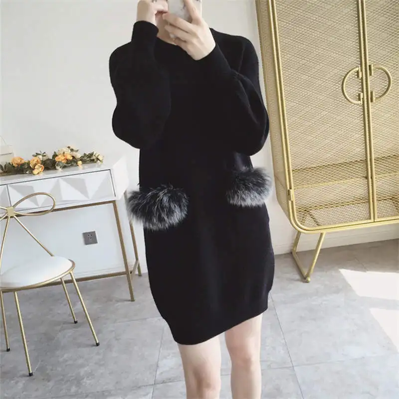Neploe Pull Femme, осенне-зимний свитер с длинным рукавом, платье из искусственного меха с карманами, вязаный пуловер, повседневный джемпер с круглым вырезом, 36300