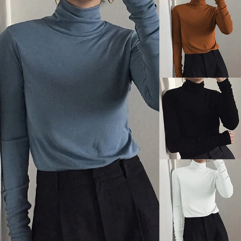 Женские однотонные шелковые пуловеры с высоким воротом облегающая футболка