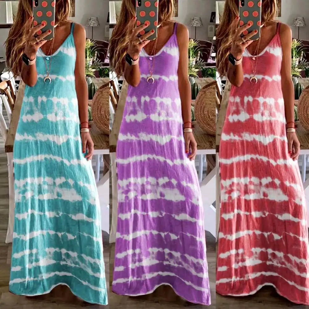 

50% Summer Women's Dress 2021 Hot Sale Women Ladies Casual Loose Sleeveless V Neck Tie Dye Long Vest Beach Sling Dress Fashion