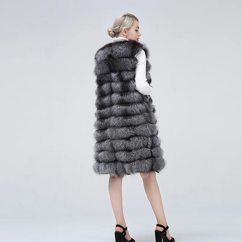 100% Genuine Winter Long Real Silver Fox Fur Stripes Vest Collar  Sleeveless Coat Clothing Women 2019 Real Fur Extended Coat