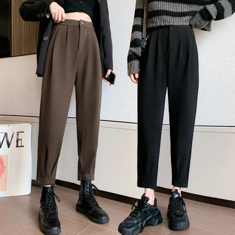 

Streetwear Loose High Waist Harem Pants Female Solid Woolen Black Brown Trousers Thin Legs Autumn Winter Women's Pants Casual