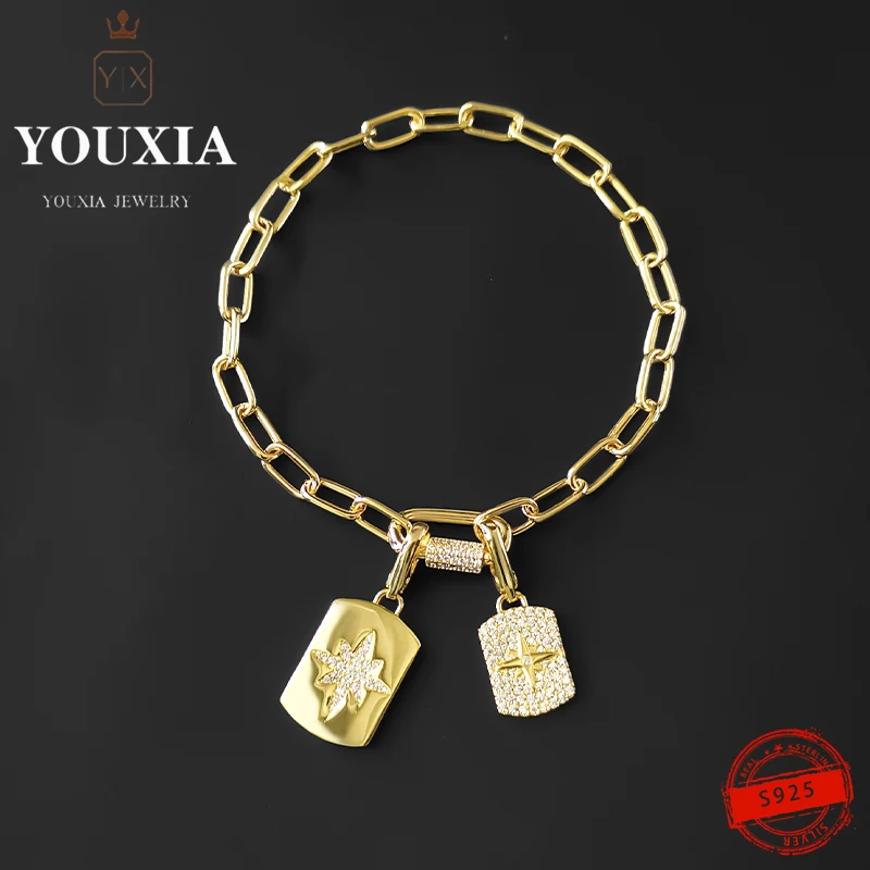 

925 Sterling Silver Custom Meteor Tag Chain Bracelet Double Hanging Piece Buckle Bracelet New Summer Couple Holiday Gift Jewelry