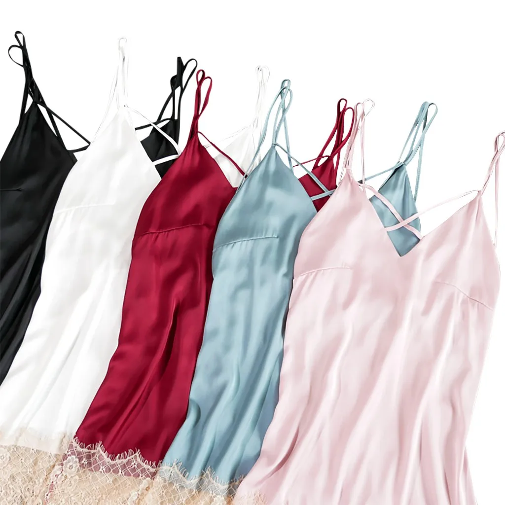 

Slips V-neck Sexy Nightdress Women Perspective Satin Nightgown Lace Splice Sexy Lingerie Sleepwear Summer Backless Sleeep Dress