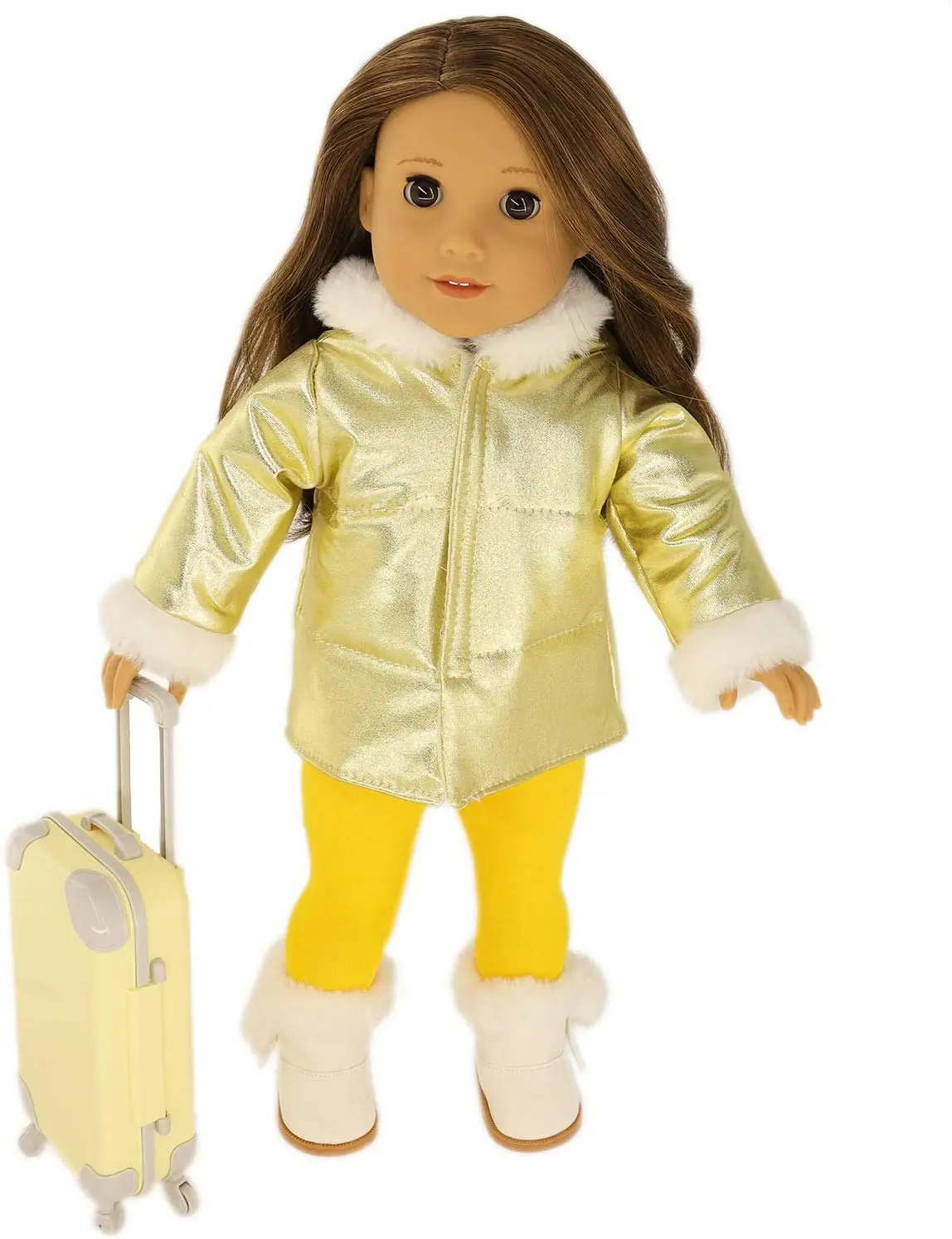 2021 American Doll Yellow Suitcase Travel Carrier Storage Down Jacket Leggings and Boots Winter Clothes for Girl 18 Inch | Игрушки и
