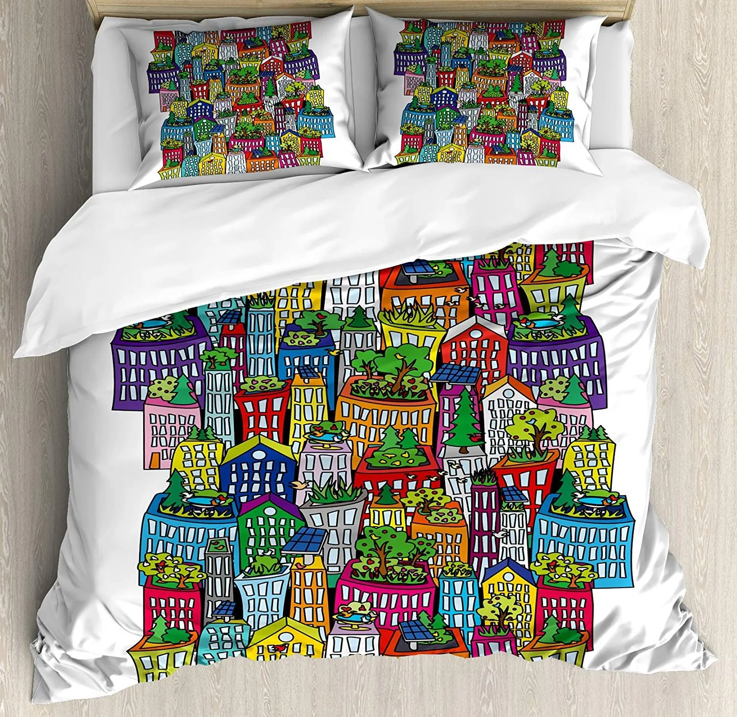 

City Bedding Set Colorful Tall Buildings Funny Ecological Arrangement Apartments Town Duvet Cover Pillowcase Bedclothes Bed Set