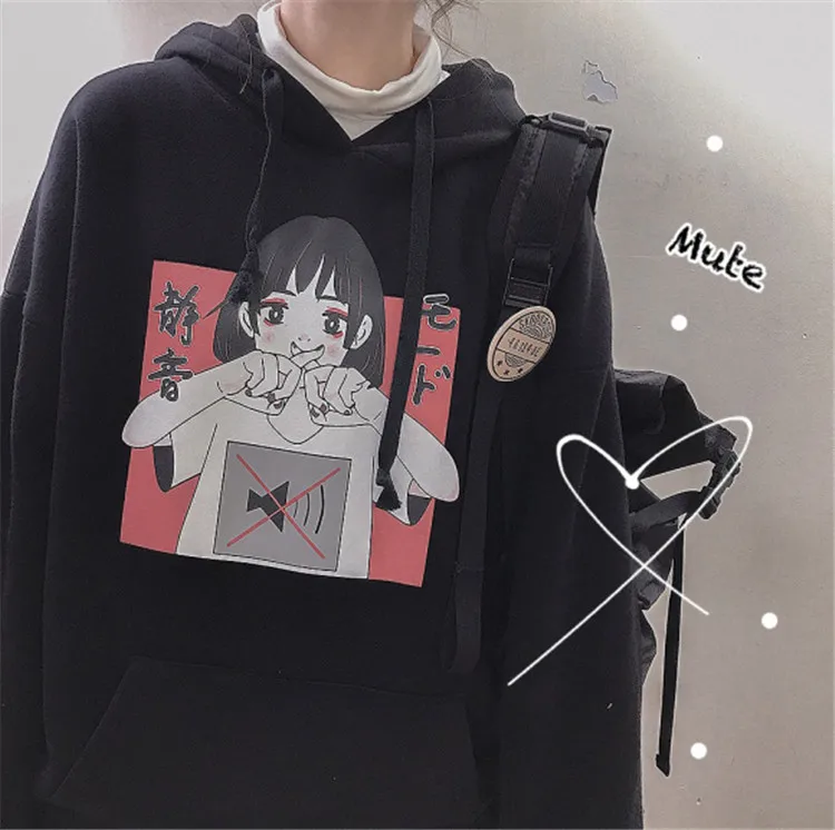 Harajuku Kawaii аниме девушка с капюшоном Толстовка японский Винтаж милый черный флис толстовка с рисунком женский объемный пуловер