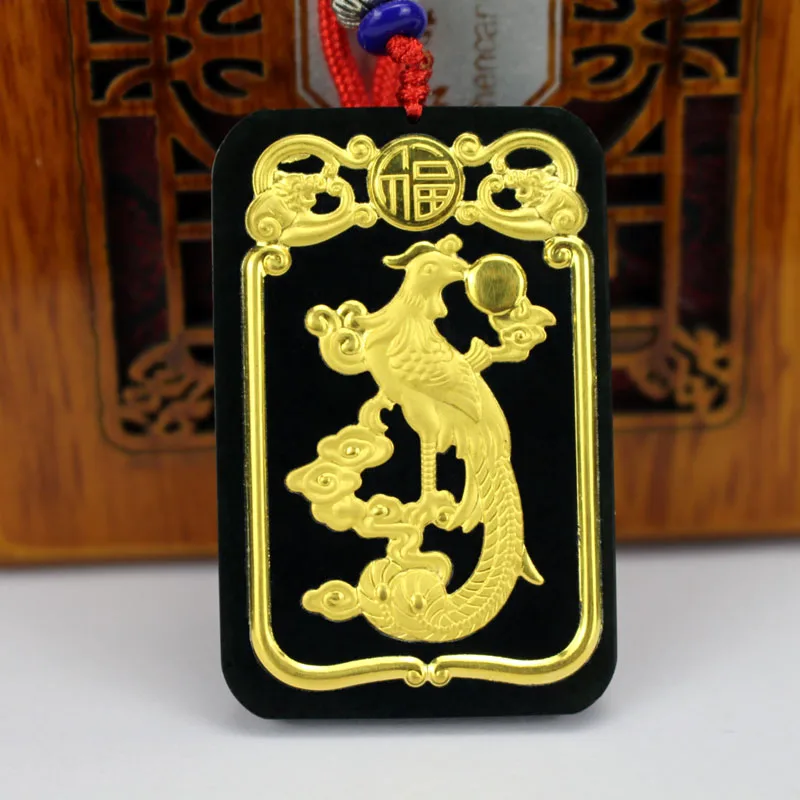 

Trendy Design Natural Hetian Jade Women Rope Chain Necklace Black Green Pendant 24k Gold Phoenix Pendants Female Fine Jewelry