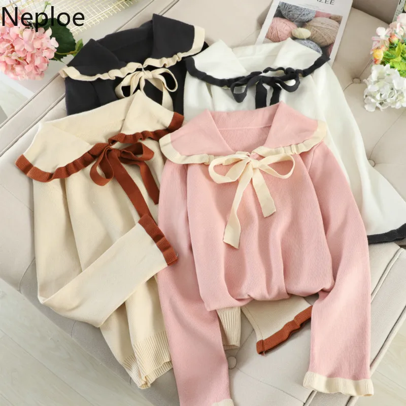 Neploe женский Однотонный свитер с круглым отложным воротником и длинным рукавом