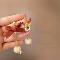 s925 needle cute jewelry christmas style earrings 2021 asymmetrical bowknot deer fluffy ball drop earrings for girl lady gifts