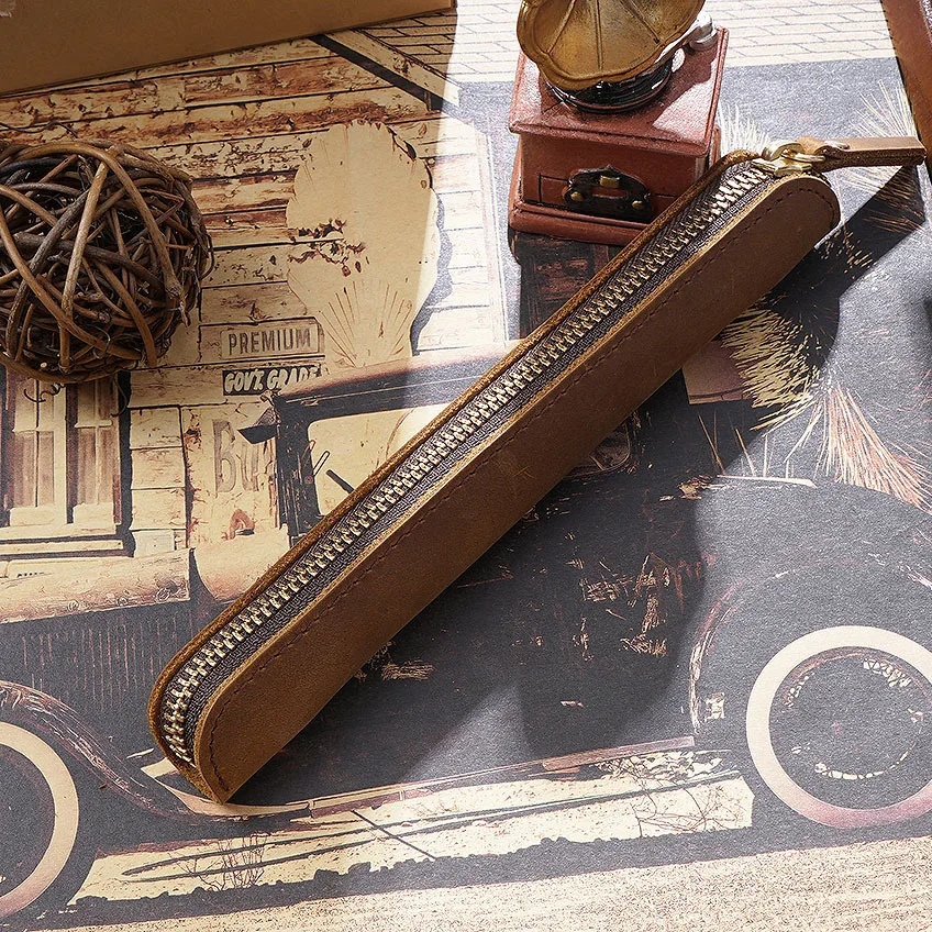 Genuine Leather Zipper Pen Bag Mini Small Pencil Case Apple Electronic Writing Pen Protective Sheath Creative Vintage Style