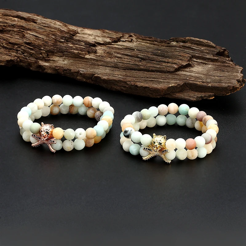 2 pieces / set of new fashion Cz wolf head men's bracelet charm natural stone beaded cuff jewelry gift | Украшения и