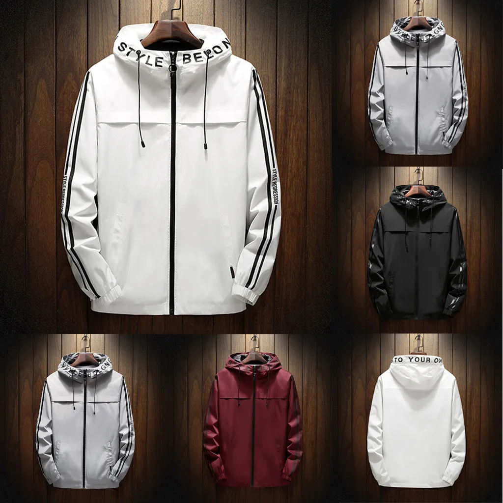 

Vogue Multicolor men's Striped Print Hooded Drawstring Outdoor Sports Jacket Stitching Windproof Loose Leisure Everyday Coat