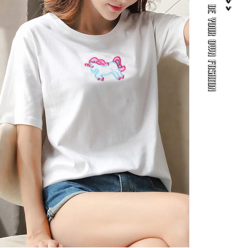 Летняя футболка с наклейками модная женская принтом Футболка железным детские