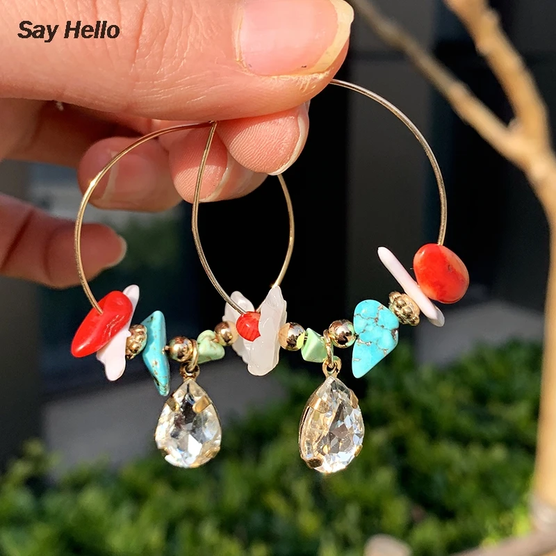 Женские асимметричные серьги кольца SAY HELLO с цветками из камня и бирюзы