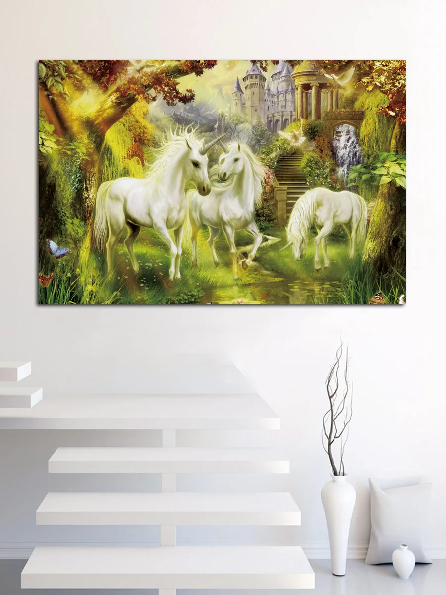 Животные единорог волшебные здания деревья лес лошади искусственная фотография
