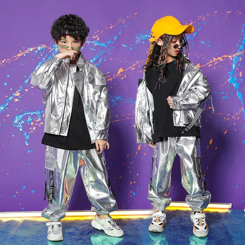 

Children Hip Hop Outfits Loosed Silver Jacket Coat Top Sweatshirt Pants Girls Boys Jazz Dance Streetwear Performance Clothes