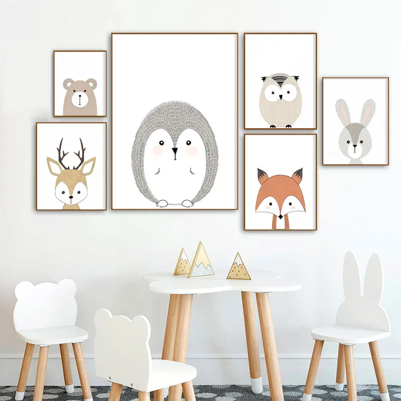 Мультфильм животных Плакат Детская настенная живопись садик Холст Картина