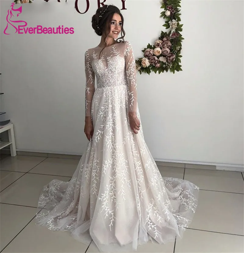 

Long Sleeve Lace Champagne Wedding Dresses A Line Bohemia Beach Bridal Dress Illusion Plus Size Wedding Gowns