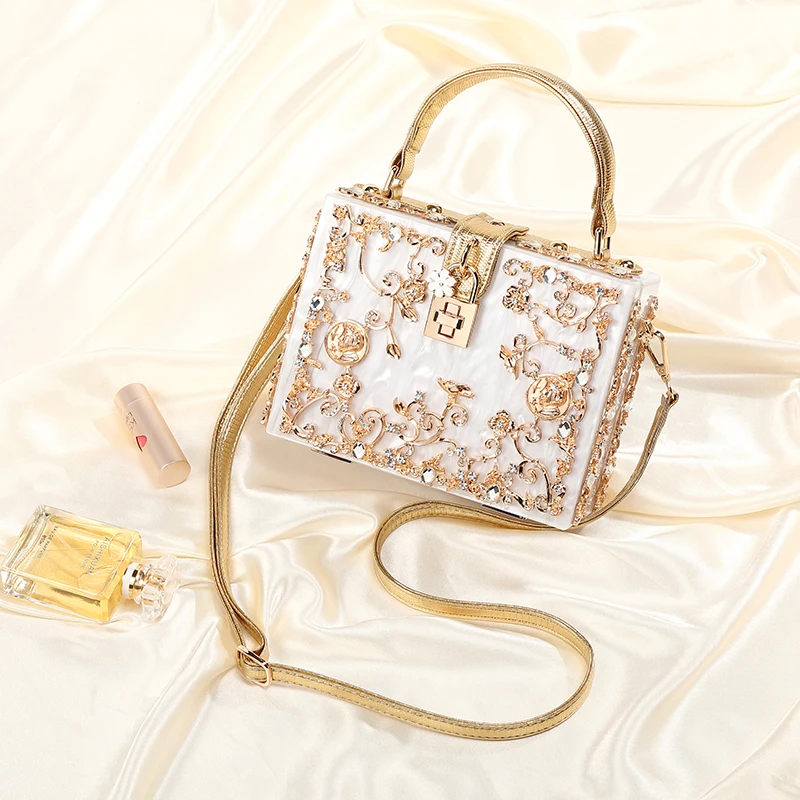 

Women Box Acrylic Handbag Brand Designer Metal Flower Small Shoulder Bag Female Evening Wedding Party Clutch Purse Two Straps