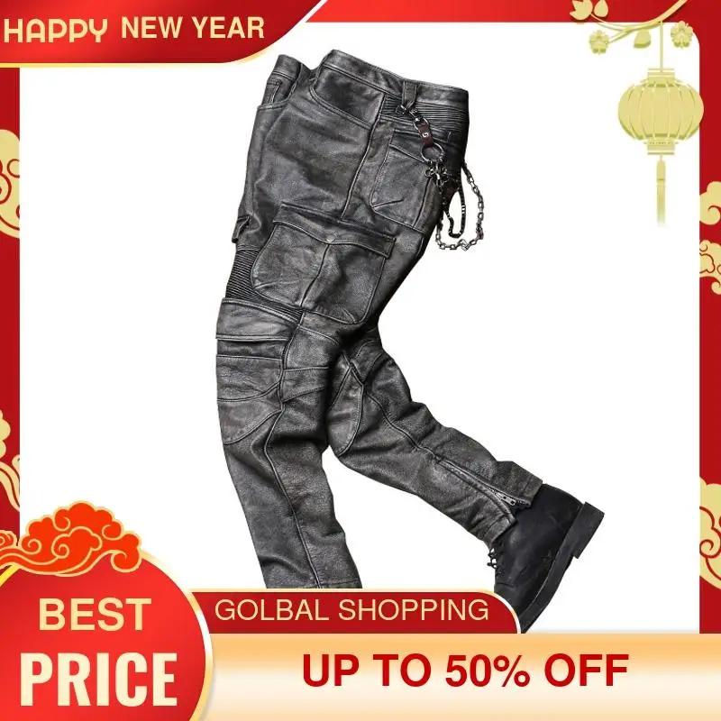 

2021 Vintage Grey Men Biker's Leather Trousers Large Size XXXXL Genuine Natural Cowhide Autumn Slim Fit Motorcycle Pants