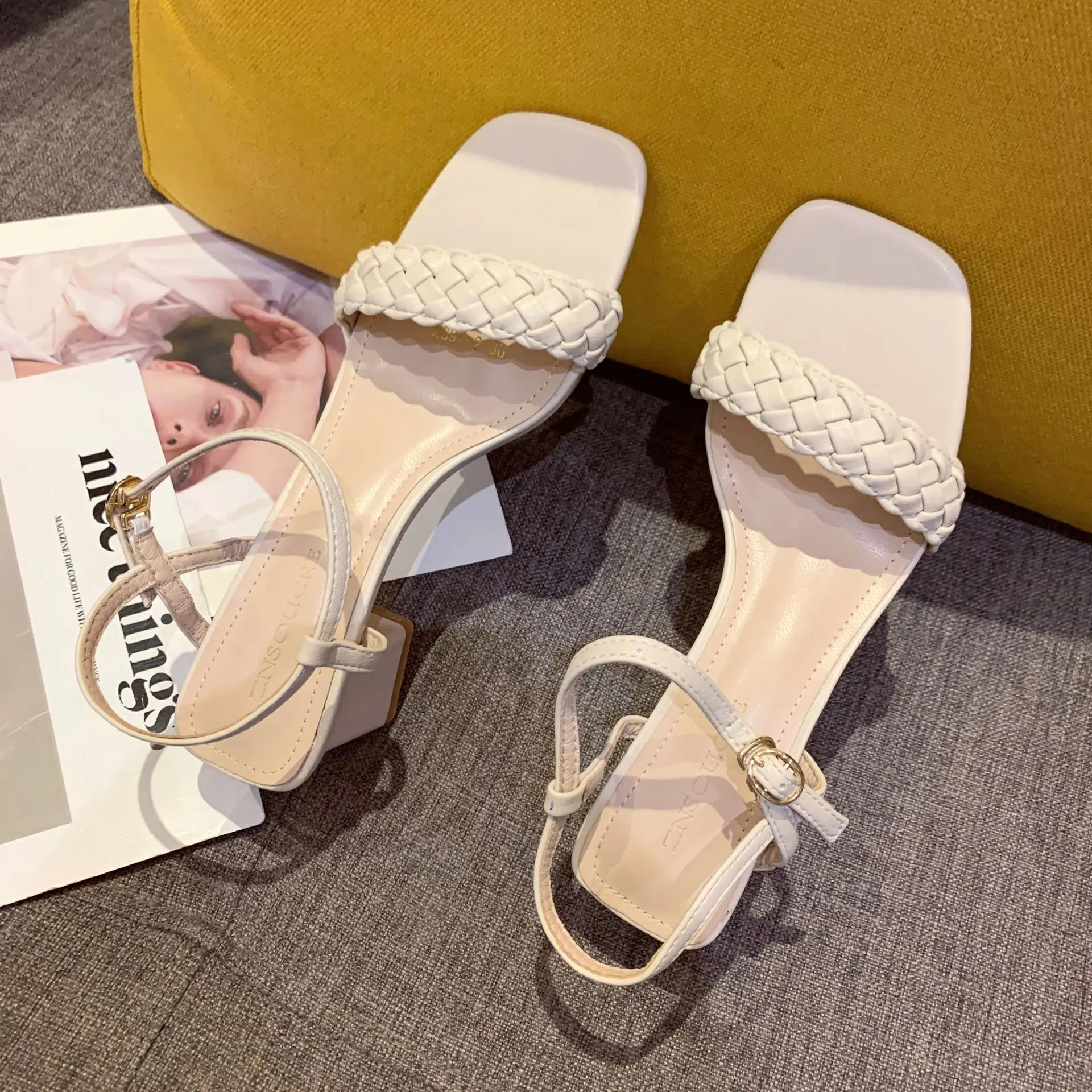 

Comfort Shoes for Women High Heel Sandals Suit Female Beige Breathable All-Match Buckle Strap Shallow Mouth High-heeled Black Gi