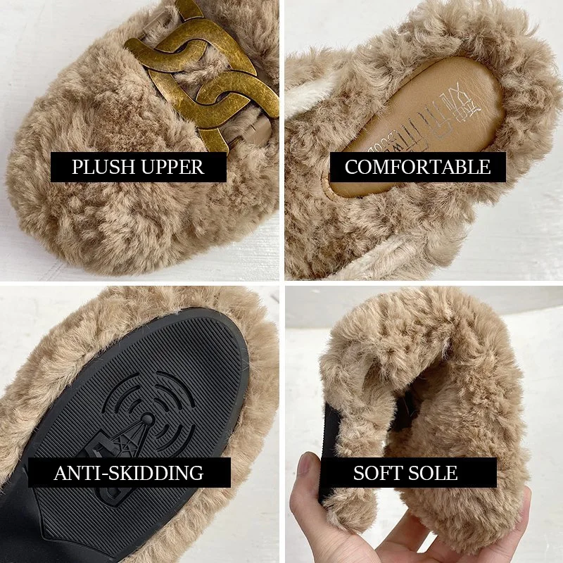 

Women Autumn Shoes Slippers Furry Outdoor Fluffy Non-Slip Charms 2020 New Luxury Brand Flat House Slides Design Metal Letter Hom