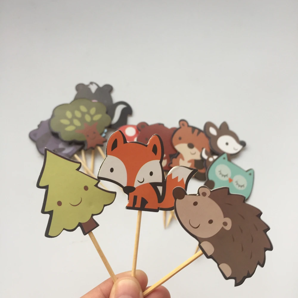 24pcs Woodland Animal Friends Cake Toppers Cupcake Toppers Picks for Birthday Wedding Party Cake Food Dessert Decoration