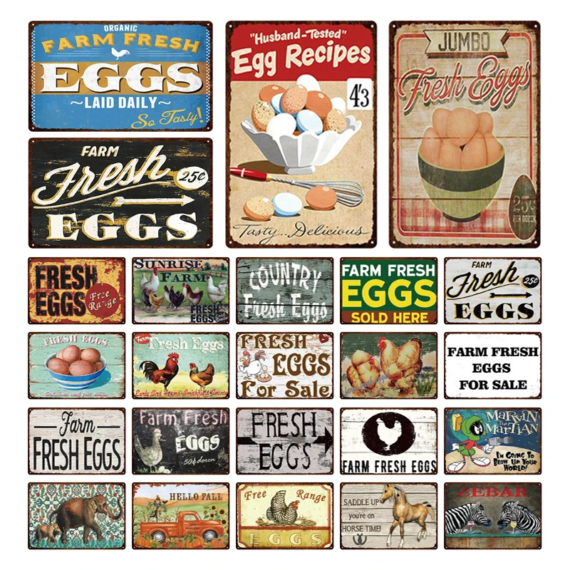 

Farm Fresh Eggs For Sale Chicken Horse Tin Sign Vintage Metal Plate Poster Pin Up Signs Wall Decor For Farmhouse Kitchen Plaques