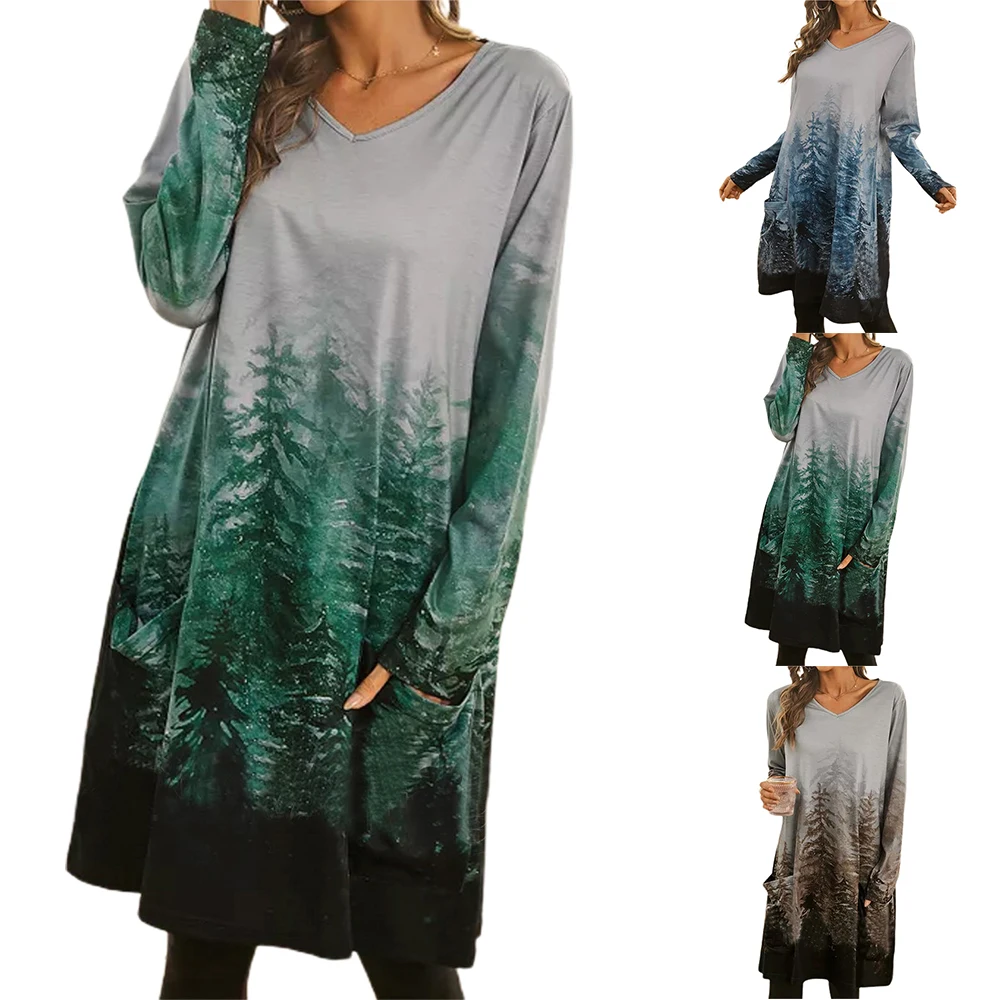 

Loose Pocket Autumn Dress Women Autumn Long Sleeve Dress Trees Printed Casual Midi Dresses Mujer Vestidos Harujuku Dress