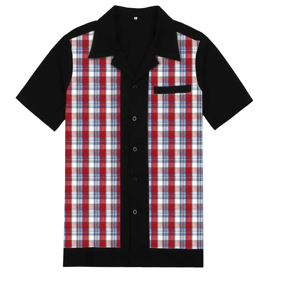 

2021 New Casual Rock Bowling Men Shirt Blouse Patchwork Plaid Print England Style Short Sleeve Black Cotton Vintage Shirt Men
