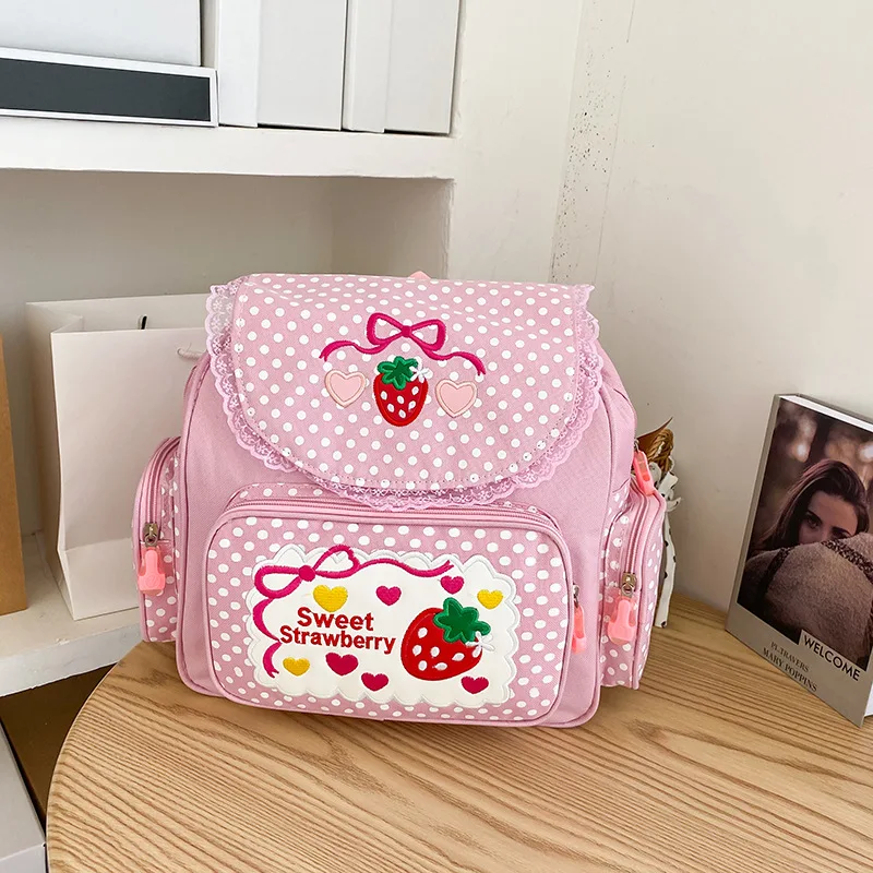 Children's School Bags Student Girls Birthday Gift 2021 New Pink Girl Embroidery Strawberry Japanese Cartoon Children Backpack