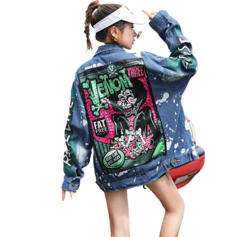 

blue Skeleton Clown print denim jacket women coat fashion Snowflake Watermark jeans jackets loose outerwear