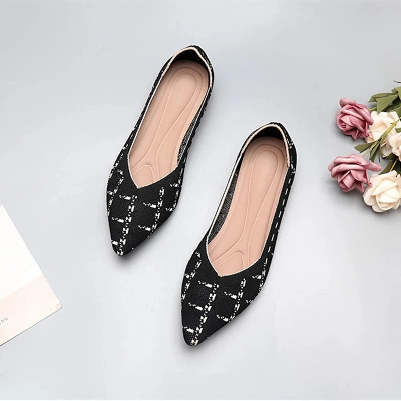 Luxury Brand Women Knit Pointed Ballet Shoes Women's Flat Shoes Moccasin Mixed Color Shoes Soft Pregnant Shoes Zapatillas Mujer