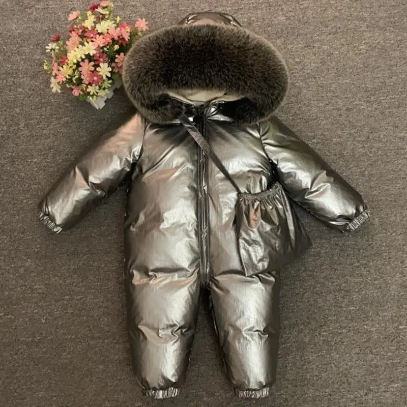 Зимние Пуховые Комбинезоны для маленьких мальчиков и девочек, комбинезон с плюшевой подкладкой для детей, утепленная теплая верхняя одежда, пальто, парки для малышей, зимний комбинезон, размер-30 градусов - Цвет: Silvery Gray-2