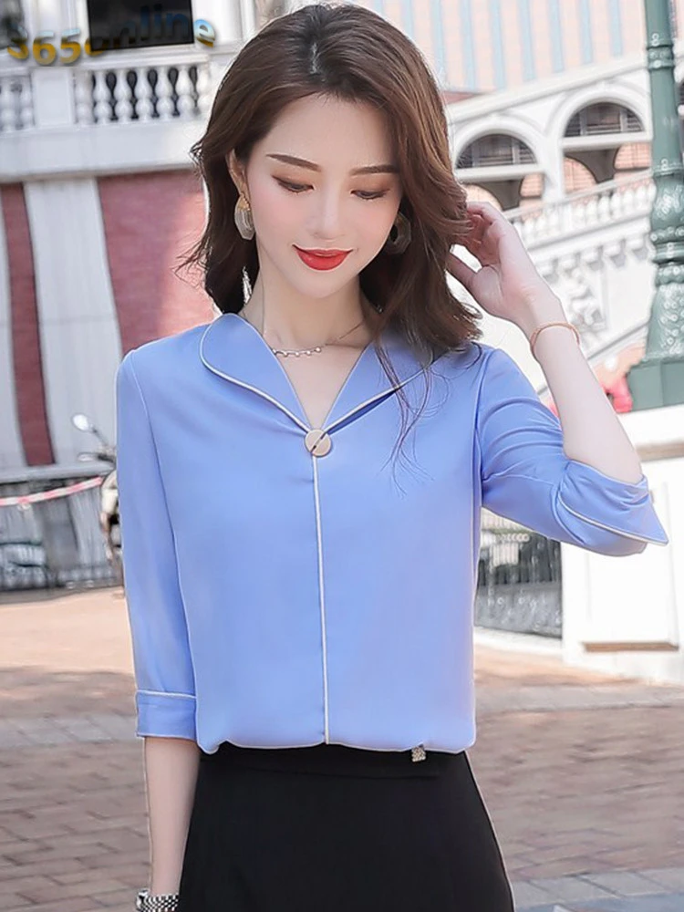 Блузка женская с рукавом до локтя элегантная белая Деловая одежда офисный Топ