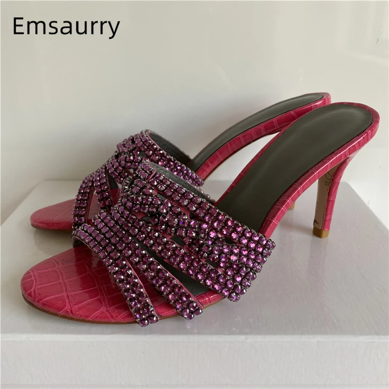 

Sexy Crystal Rhinestone High Heel Sandals Women Open Toe Thin Heel Cut Out Genuine Leather Stone Grain Slip-on Summer Shoes