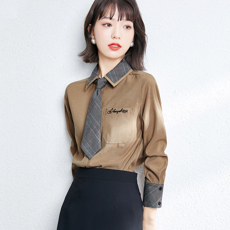 

Elegant Tie Women Shirt Spring Autumn New Retro Stitching Plaid Long Sleeved Shirts Office Ladies Work Clothes Tops Blusas