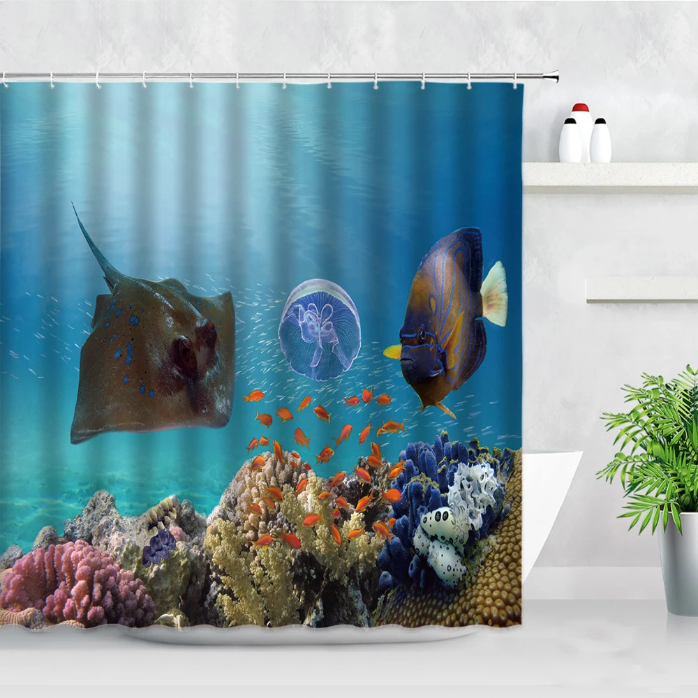3D Seabed World Marine Life Shower Curtains Tropical Fish Shark Sea Wave Ocean Scenery Modern Bath Screen Decor Bathroom Curtain | Дом и сад