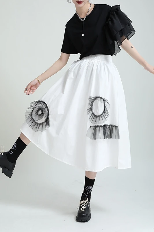 

Women A Line Long Skirt 2021 Summer Black White Stitching Skirt Female Lace Flower High Waist Casual Loose Skirt