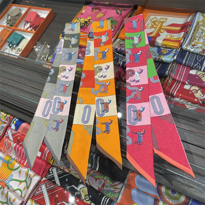 

100% Mulberry Silk Twill Scarf for Handbag&Purse-Small Ribbon Neckerchief Women Hair Horse Print Luxury Brand Flash Color
