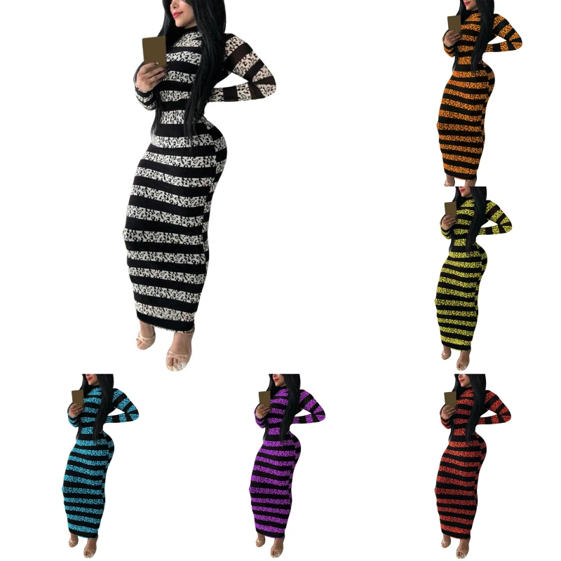 

Autumn Sexy Striped Print Bodycon Long Dress Elegant O Neck New Women Maxi Dresses 2020 Casual Long Sleeve Party Dress Vestidos