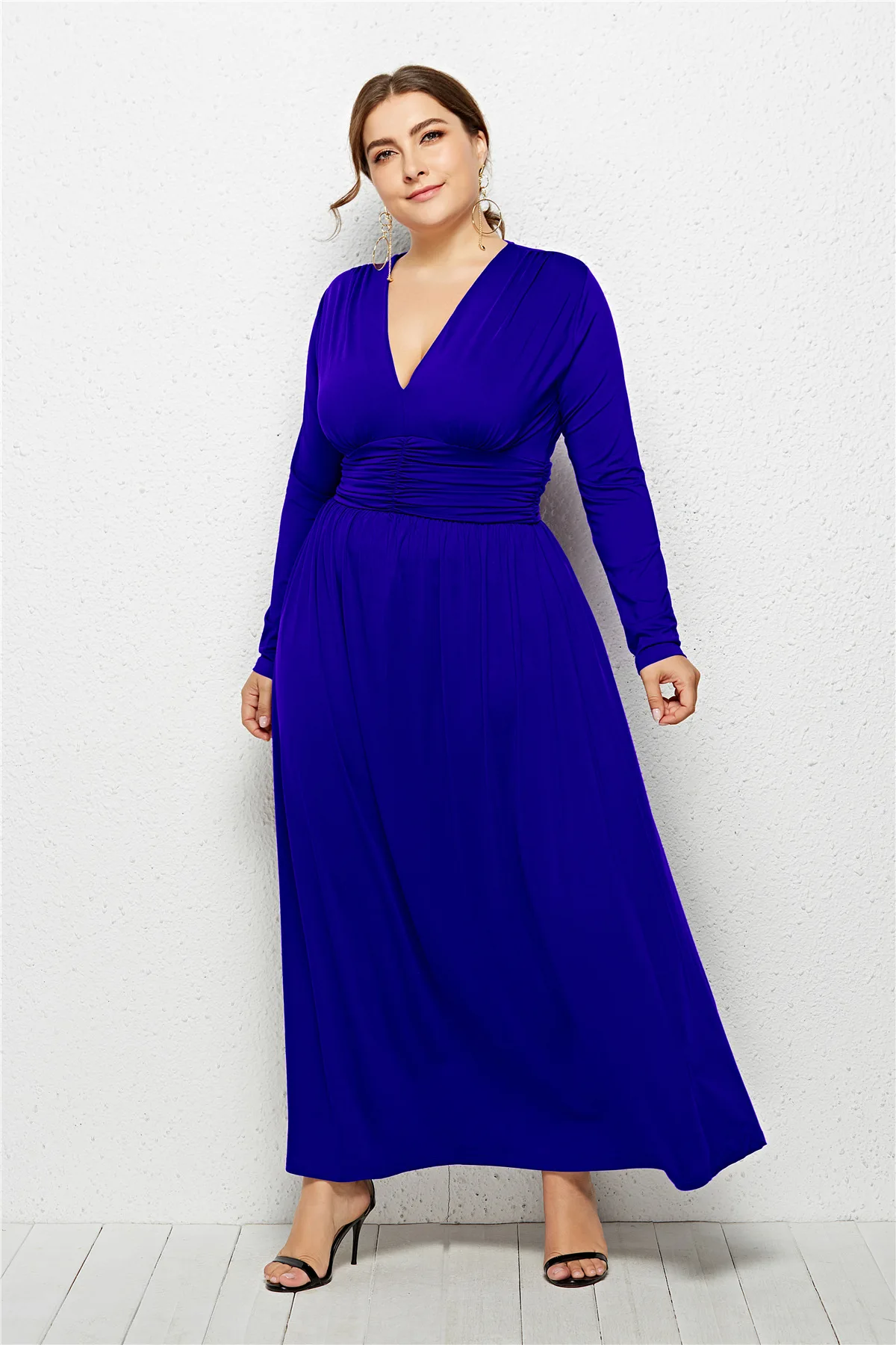 

Sexy Elegant Women Deep V neck Belted Long Maxi Dress solid color Split Hem Puff Long Sleeve Formal Party wear Dress Large size