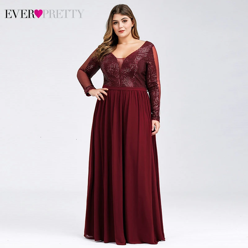 Плюс Размеры Выпускные платья Burgundy Ever Pretty сексуальное нижнее белье с глубоким v-образным вырезом, расшитые блестками, а-силуэт, длинный рукав, Прозрачное нижнее белье Сексуальная Вечерние платья праздничный Jurk