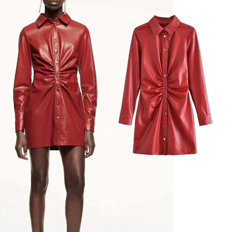 

Women's Evening Dress 2021Sexy Fashion Single-breasted Artificial leather Mini Vintage Long sleeve Female Dresses Vestidos Mujer
